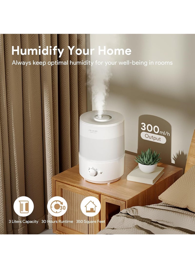 ASAKUKI - Humidifiers for Bedroom Home, 3L Top Fill Cool Mist Humidifiers for Baby Nursery & Plants, 3-IN-1 Quiet Air Humidifier, Oil Diffuser & Night Light for Large Room, Auto Shut-off, BPA-Free, 30H - Image 1