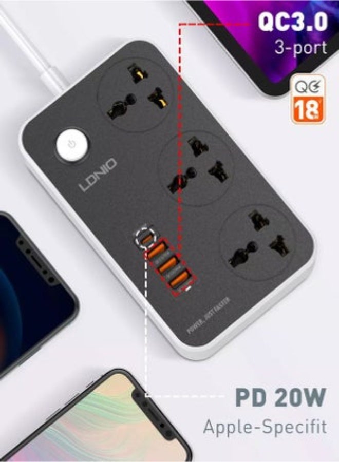لدينو موزع طاقة عالمي بثلاثة منافذ تيار متردد وأربعة منافذ USB - شحن سريع بقدرة 38 واط، يدعم USB-C PD و QC3.0، سلك تمديد بطول مترين، مقبس متعدد بقدرة 2500 واط للمنزل والمكتب والسفر - حماية من زيادة التيار، تصميم مقاوم للحريق - Image 1