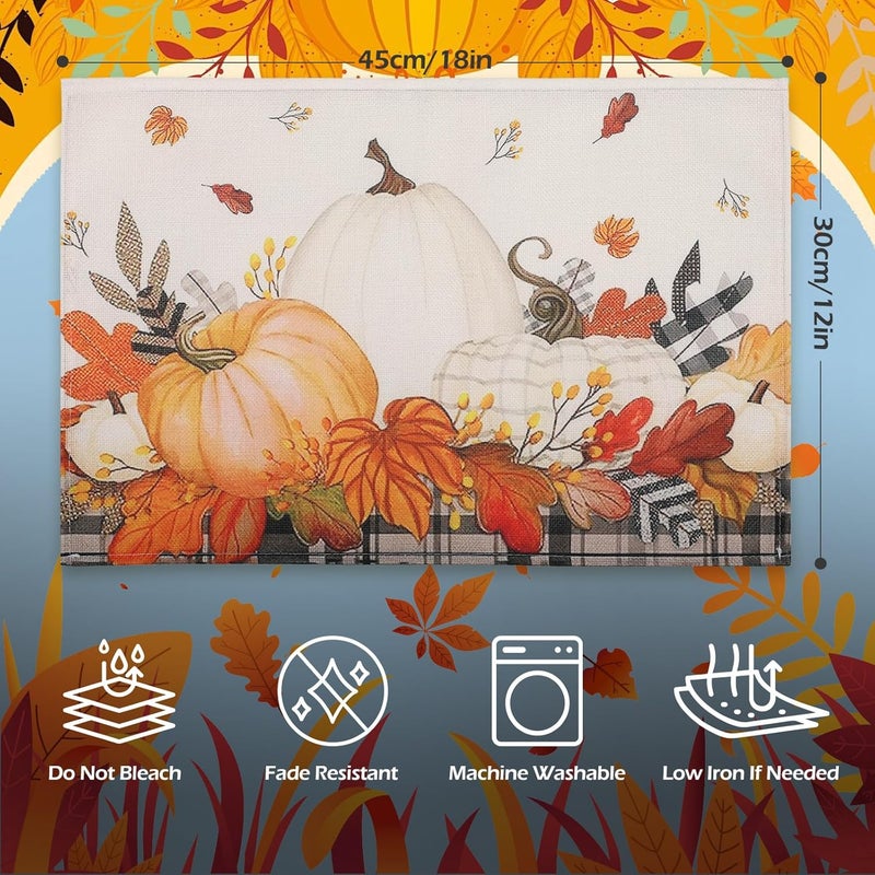 Simpeak Thanksgiving Placemats 12x18 Inch Pumpkins Fall Harvest Placemats Set of 4 Seasonal Maple Leaves Autumn Table Mats Place Mats for Thanksgiving Party Kitchen Dining Decoration - Image 2