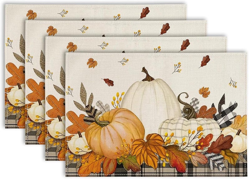 Simpeak Thanksgiving Placemats 12x18 Inch Pumpkins Fall Harvest Placemats Set of 4 Seasonal Maple Leaves Autumn Table Mats Place Mats for Thanksgiving Party Kitchen Dining Decoration - Image 1