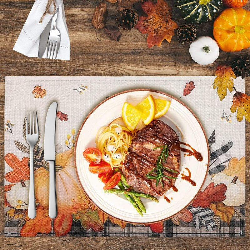 Simpeak Thanksgiving Placemats 12x18 Inch Pumpkins Fall Harvest Placemats Set of 4 Seasonal Maple Leaves Autumn Table Mats Place Mats for Thanksgiving Party Kitchen Dining Decoration - Image 3