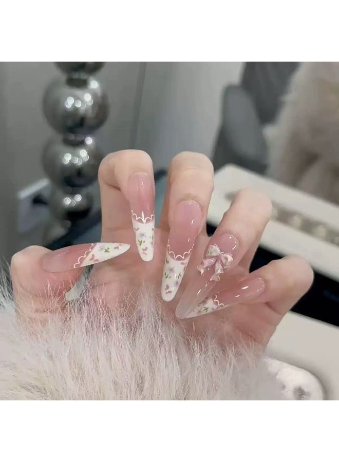 Goolsky Long Almond Press-on Nails with Icy French Pearl Bow for INS High-end Charm - Image 1