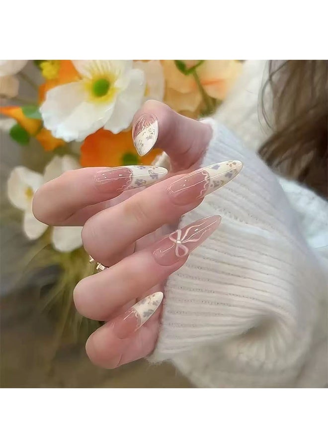 Goolsky Long Almond Press-on Nails with Icy French Pearl Bow for INS High-end Charm - Image 2