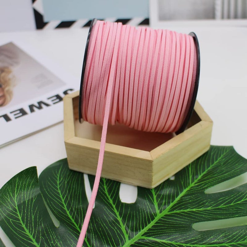 بامير تونج Pamir Tong 100 ياردة 2.6 مم حبال من الجلد السويدي، دانتيل مسطح من الجلد السويدي الصناعي، سلك مخملي للقلادة، السوار، الخرز والحرف اليدوية (وردي) - Image 3