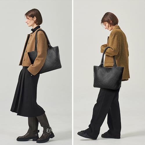 BOYATU Woven Tote Bag Womens Purse: Vegan Leather Shoulder Handbags - Fashion Summer Beach Tote Bags - Large Travel Totes Handwoven Satchel for Holidays (Black Color) - Image 2