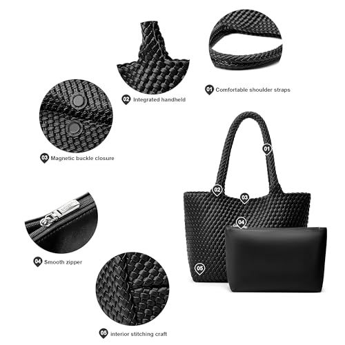 BOYATU Woven Tote Bag Womens Purse: Vegan Leather Shoulder Handbags - Fashion Summer Beach Tote Bags - Large Travel Totes Handwoven Satchel for Holidays (Black Color) - Image 4