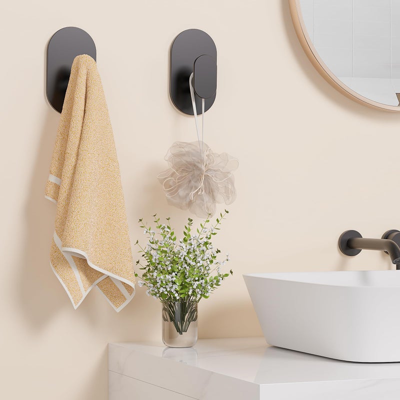 Aikzik Adhesive Towel Hooks - 4 Pack 26LB Extra Strong Heavy Duty Wall Hooks for Bathroom/Shower Door Hanging Coat, Robe, Towel, Dogs' Leads and Collars (Matte Black, Stainless Steel) - Image 4
