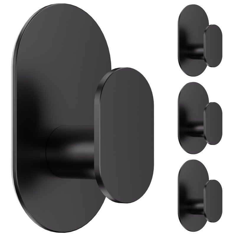 Aikzik Adhesive Towel Hooks - 4 Pack 26LB Extra Strong Heavy Duty Wall Hooks for Bathroom/Shower Door Hanging Coat, Robe, Towel, Dogs' Leads and Collars (Matte Black, Stainless Steel) - Image 1