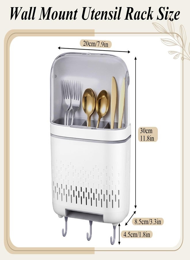 Sliner Wall Mount Utensil Rack Holder with Lid and Hook Waterproof Compartmental Storage Caddy Cutlery Drainer with Cover Detachable Kitchen Hanging Chopstick Silverware Organizer Moonlight White - Image 2