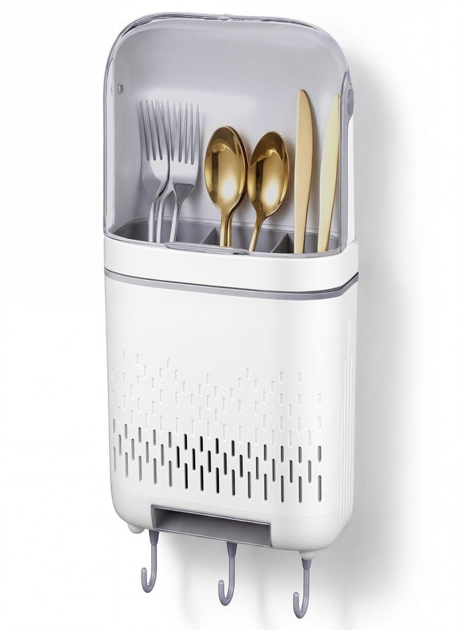 Sliner Wall Mount Utensil Rack Holder with Lid and Hook Waterproof Compartmental Storage Caddy Cutlery Drainer with Cover Detachable Kitchen Hanging Chopstick Silverware Organizer Moonlight White - Image 1
