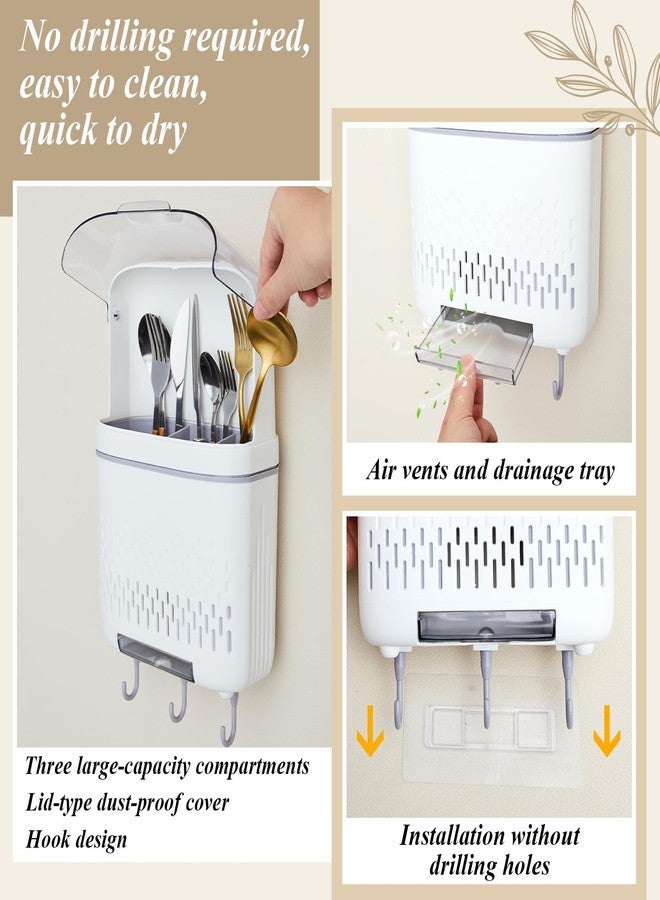 Sliner Wall Mount Utensil Rack Holder with Lid and Hook Waterproof Compartmental Storage Caddy Cutlery Drainer with Cover Detachable Kitchen Hanging Chopstick Silverware Organizer Moonlight White - Image 3