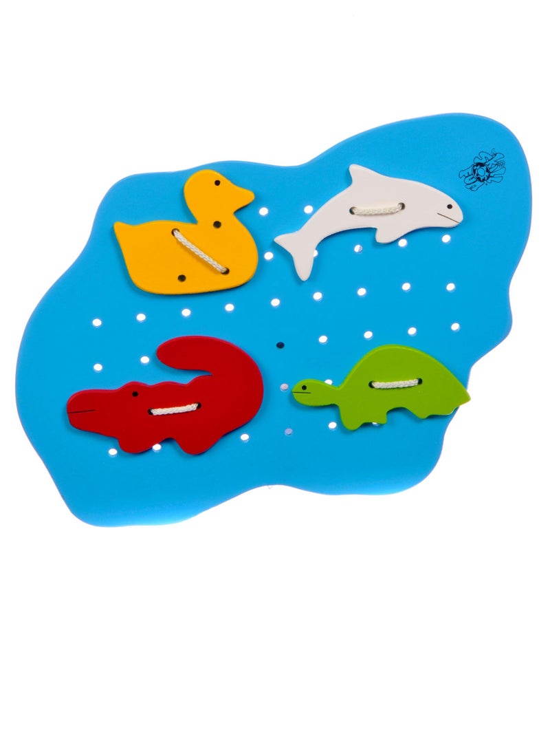 Skillofun Wooden Sewing Pond with Water Animals, Non-Toxic eco-Friendly Lacing Toy with Colorful Animal Designs, enhances fine Motor Skills and Hand-Eye Coordination, Safe Educational Engaging Toy - Image 2