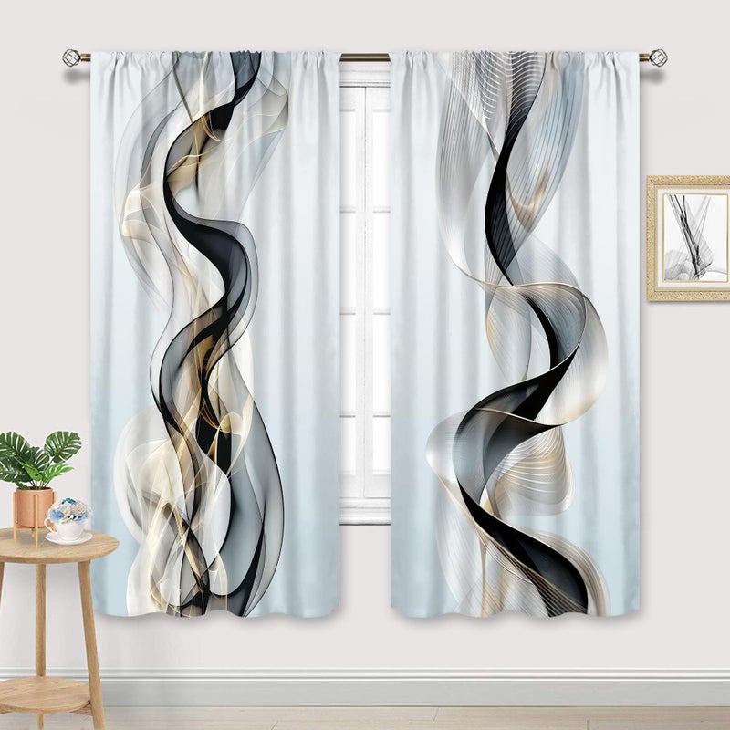 Cinbloo Abstract Black Gold Curtains 42Wx63H Inch Rod Pocket Modern Grey Minimalist Ombre Luxury Ink Texture Contemporary Art Printed Aesthetic Living Room Bedroom Window Drapes Treatment 2 Panels