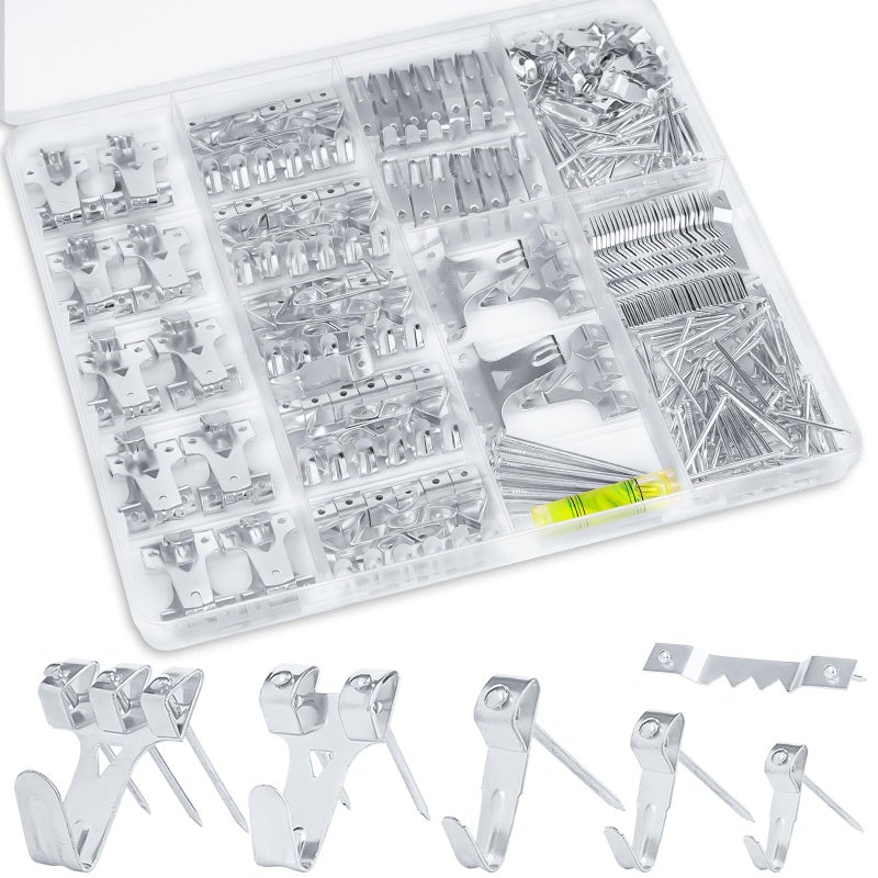 KURUI Picture Hanging Kit for Wall Decor, Frame, Painting, Art, Photo, 385Pcs Picture Hangers with Heavy Duty Hooks, Sawtooth, Hardware Nails, Wall Hangers for Bedroom Office Classroom (Silver) - Image 1