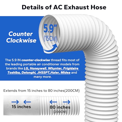 Cestluck Flexible AC Exhaust Hose, 5.9" Diameter Counterclockwise AC Hose, Length to 80", Portable Air Conditioner Vent Hose Compatible with Delonghi & LG Air Conditioner Parts - Image 2