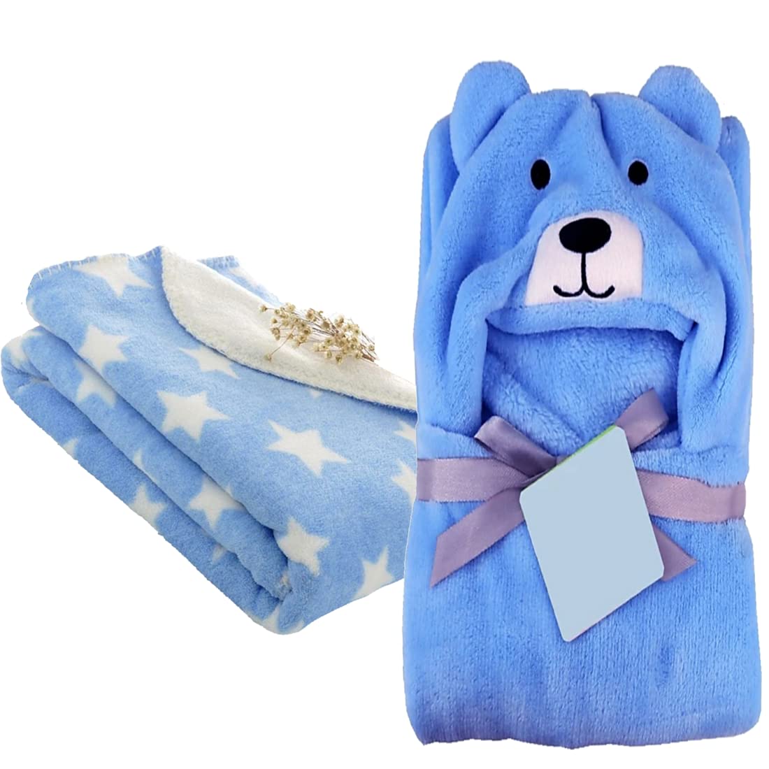 First Kick Baby Blankets New Born Combo Pack of Hooded Wrapper Durable Fleece Polyester Sleeping Bag and Baby Bath Towel for 06 Months Baby Boys and Baby Girls Pack of 2 Stars Blue Blue Bear