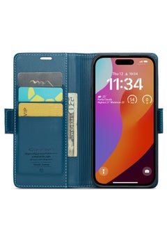 CaseMe Flip Wallet Case For iPhone 15 Pro Max [RFID Blocking] PU Leather Wallet Flip Folio Case with Card Holder Kickstand Shockproof Phone Cover (Blue)  - Image 5