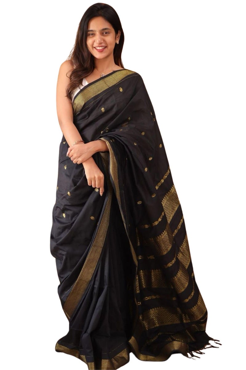 SGF11 Women's Kanjivaram Pure Soft Silk Saree With Unstitched Blouse Piece (Black) - Image 1