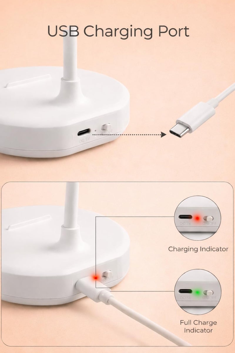 One94Store LED Desk Lamp Touch Sensor On/Off, USB Rechargeable Study Light, 3 Brightness Modes, 360 Adjustable Arm, Phone Holder, Night Light for Students, Dorm & Office (White) - Image 4