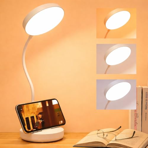 One94Store LED Desk Lamp Touch Sensor On/Off, USB Rechargeable Study Light, 3 Brightness Modes, 360 Adjustable Arm, Phone Holder, Night Light for Students, Dorm & Office (White) - Image 1