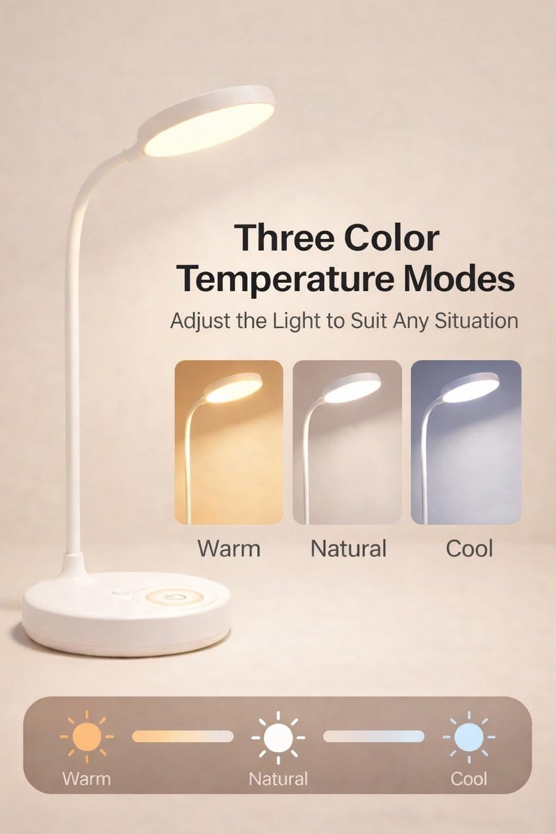 One94Store LED Desk Lamp Touch Sensor On/Off, USB Rechargeable Study Light, 3 Brightness Modes, 360 Adjustable Arm, Phone Holder, Night Light for Students, Dorm & Office (White) - Image 2