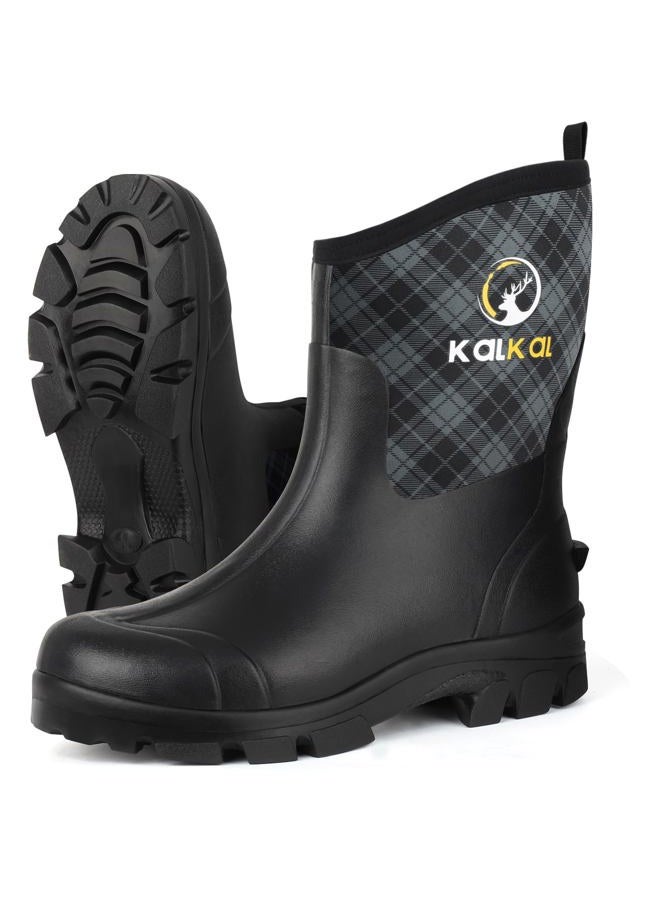 Kalkal Rubber Boots for Men and Women, Waterproof Insulated Rain Boots, Neoprene Breathable Mud Boots, Outdoor Anti-slip Mens Work Farming Hunting Boots, Checkered Grey, 12 Women/10 Men - Image 1