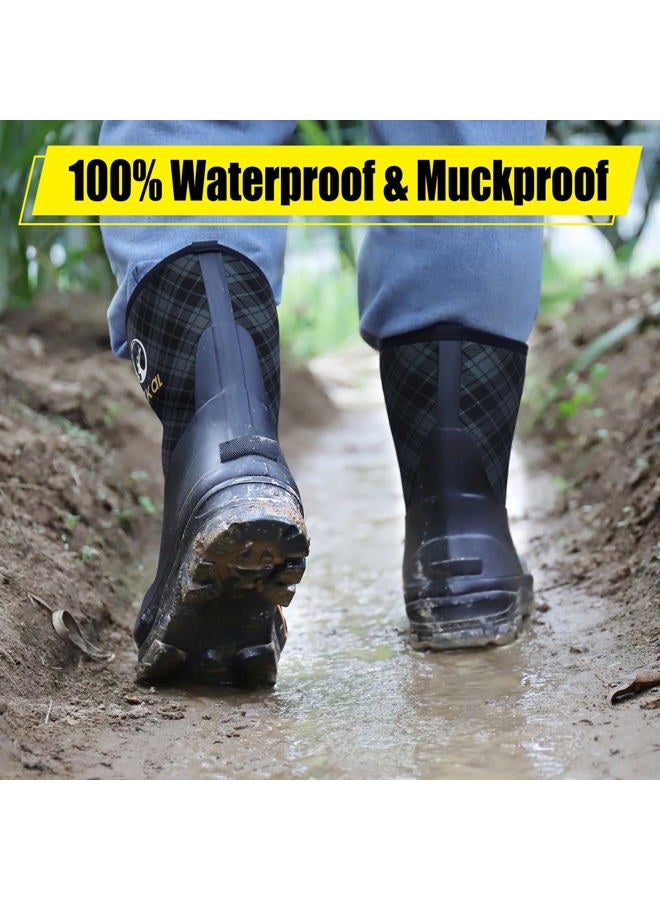 Kalkal Rubber Boots for Men and Women, Waterproof Insulated Rain Boots, Neoprene Breathable Mud Boots, Outdoor Anti-slip Mens Work Farming Hunting Boots, Checkered Grey, 12 Women/10 Men - Image 5