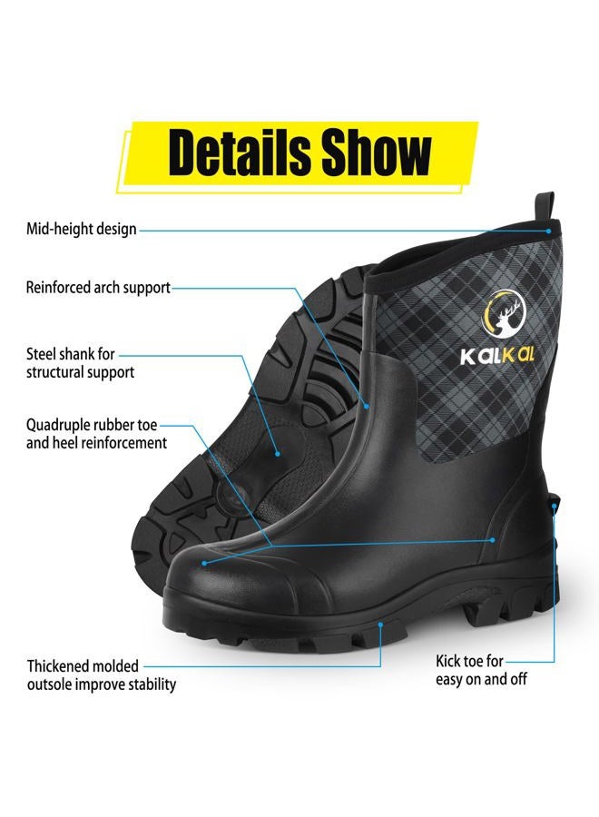Kalkal Rubber Boots for Men and Women, Waterproof Insulated Rain Boots, Neoprene Breathable Mud Boots, Outdoor Anti-slip Mens Work Farming Hunting Boots, Checkered Grey, 12 Women/10 Men - Image 4