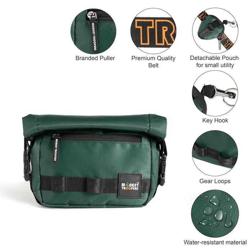 Monkey Troopers Radiant Waist Bags for Men Women- Premium Stitching, Branded Zippers, Water resistant pocket, Fanny pack for Hiking Travel, Lightweight & Tough, Quick-Access Pocket (Dark Green) - Image 2