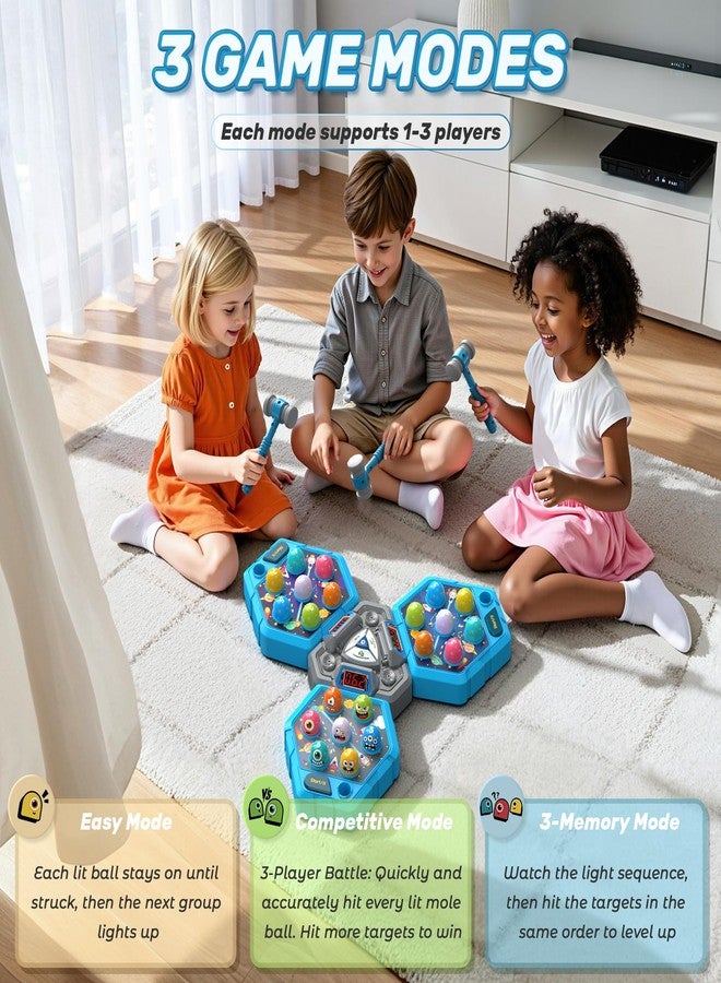 TooLion 3-Player Whack Game Mole Toy for Ages 3+, Early Learning Toy with Lights & Sounds, Interactive Pounding Hammer Toy with 3 Game Modes, Perfect for Families with Multiple Kids of Different Ages - Image 3