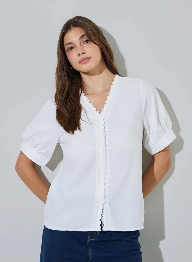 ستايلي White Short Sleeve Lace Trim Blouse