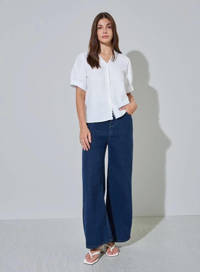 ستايلي White Short Sleeve Lace Trim Blouse