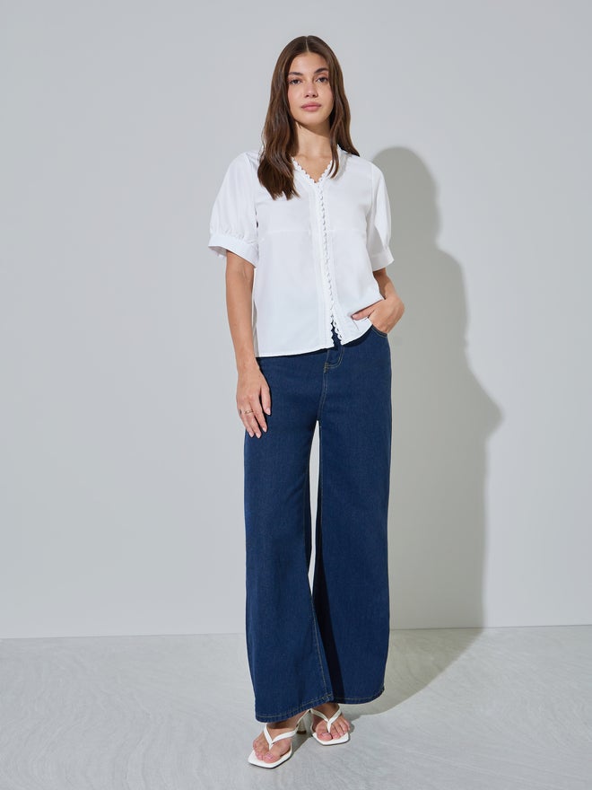 Styli White Short Sleeve Lace Trim Blouse - Image 2