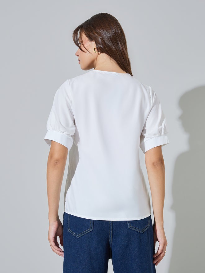 Styli White Short Sleeve Lace Trim Blouse - Image 4
