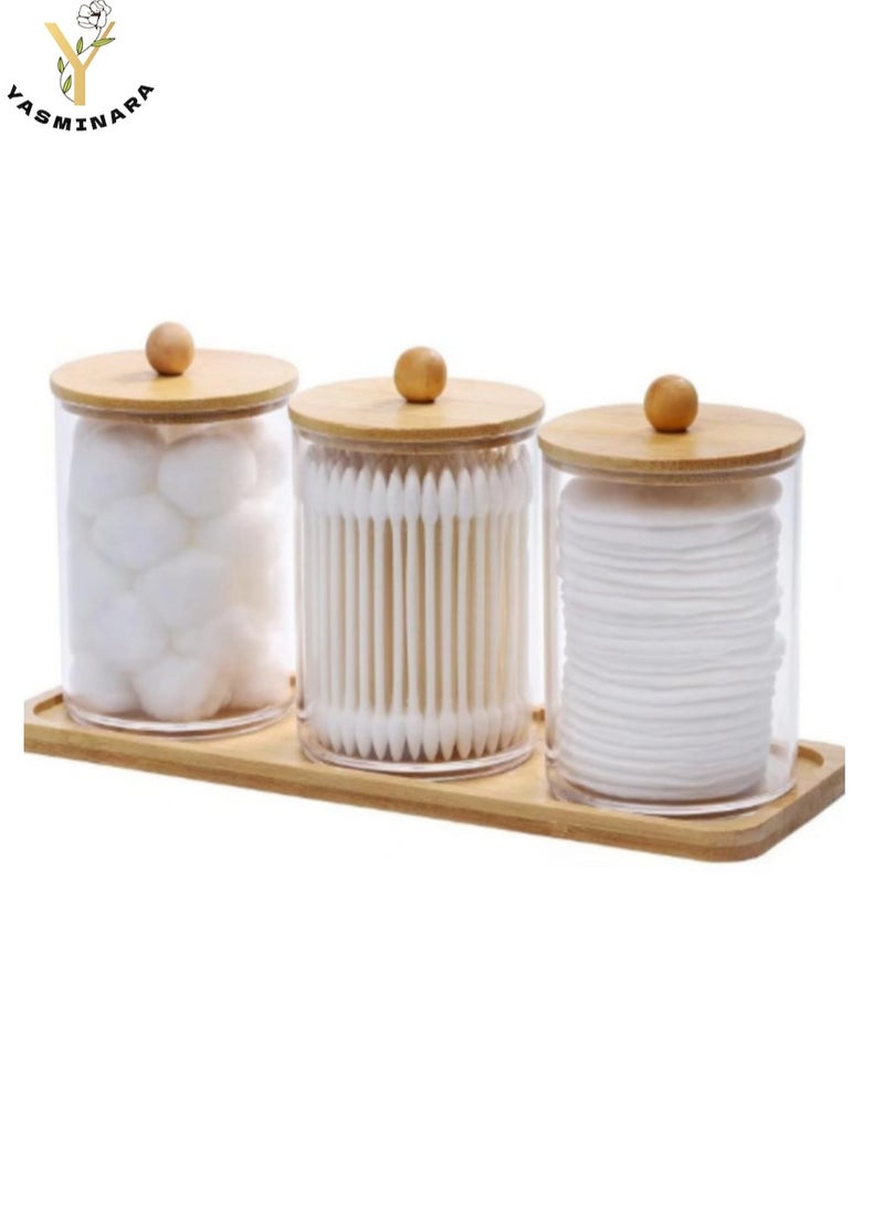 YASMINARA 3-Pack  Organizer Jar Set With Bamboo Lid and Tray Triple Pieces Acrylic Storage Organizing Box Suit For Bathroom Makeup Cotton Swabs Toner Pad Facial Pad Rubber Band Office Clips Staples Kitchen Spices etc  - Image 1