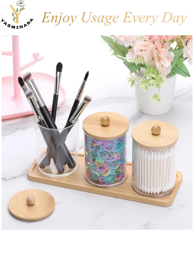 YASMINARA 3-Pack  Organizer Jar Set With Bamboo Lid and Tray Triple Pieces Acrylic Storage Organizing Box Suit For Bathroom Makeup Cotton Swabs Toner Pad Facial Pad Rubber Band Office Clips Staples Kitchen Spices etc  - Image 2