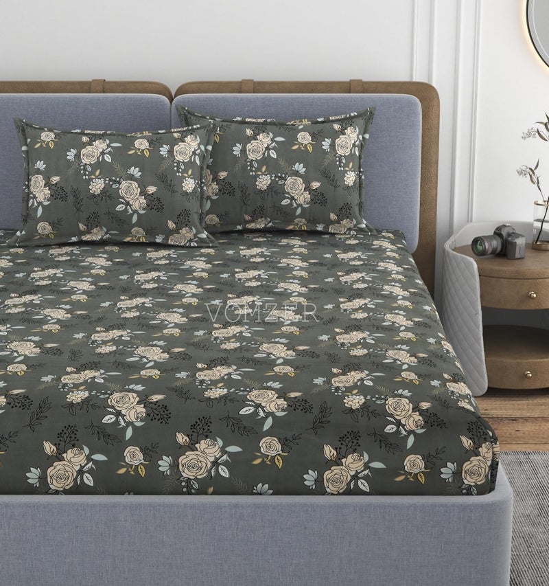 VOMZER 350 TC Cotton Feel All Around Elastic Fitted Bedsheets King Size, Premium Elastic Fitted King Size Bed Sheet for Double Bed with 2 Pillow Covers, Size- 78” x 72” (Yellow Rose) Floral - Image 1
