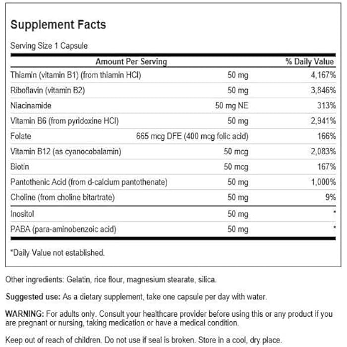 Swanson B-50 Complex - Vitamin Supplement Promoting Energy & Metabolism Support - May Support Heart Health, Memory & Support - (100 Capsules) - Image 2