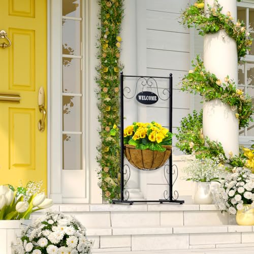 Sorbus Welcome Planter Basket Stand with Coco Liner Stylish Flower Plant and Outdoor Dcor for Home Garden Patio Deck Black Metal - Image 3