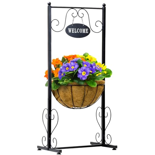 Sorbus Welcome Planter Basket Stand with Coco Liner Stylish Flower Plant and Outdoor Dcor for Home Garden Patio Deck Black Metal - Image 1