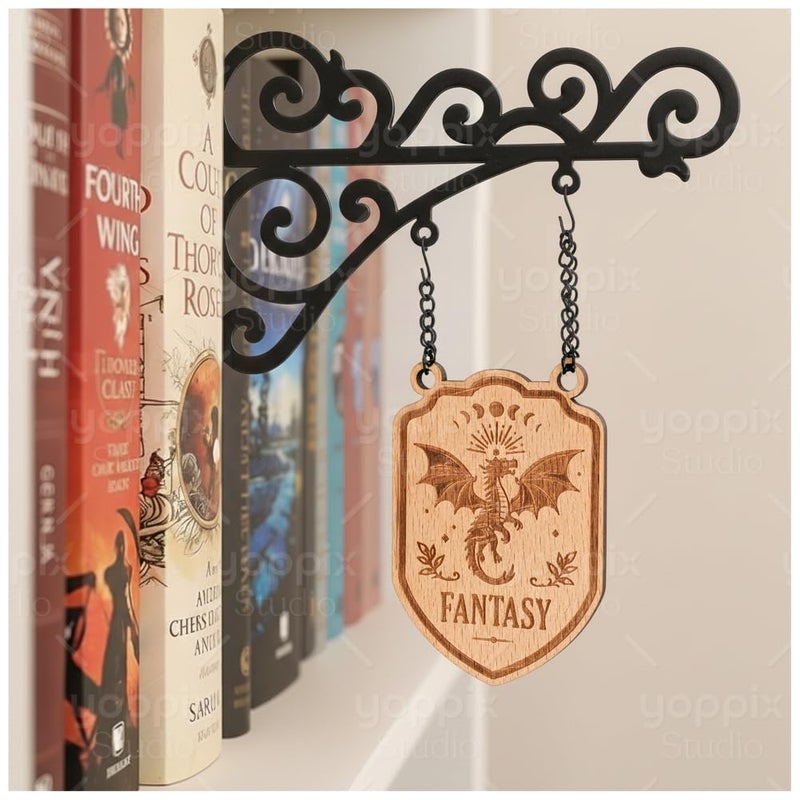 YOPPIX STUDIO YOPPIX Book Nook Tavern Signs - Medieval Shelf Decor with Hanging Brackets, Fantasy Dragon Book Genre Dividers for Home Library, Bookshelf Organization and Reading Corner Decorations - Image 1
