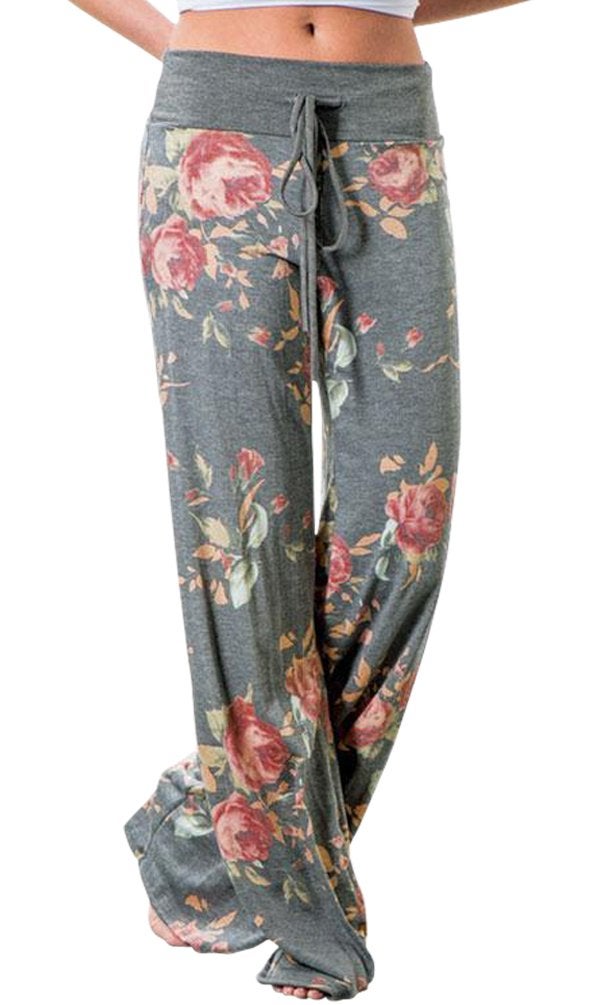 AMiERY Pajamas for Women Women's High Waist Casual Floral Print Drawstring Wide Leg Palazzo Pants Lounge Pajama Pants (Tag M (US 6), Grey) - Image 1