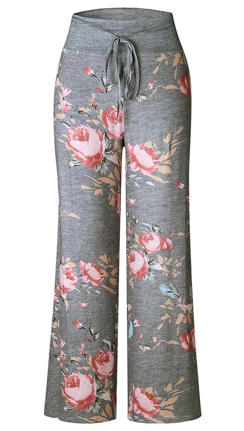 AMiERY Pajamas for Women Women's High Waist Casual Floral Print Drawstring Wide Leg Palazzo Pants Lounge Pajama Pants (Tag M (US 6), Grey) - Image 4