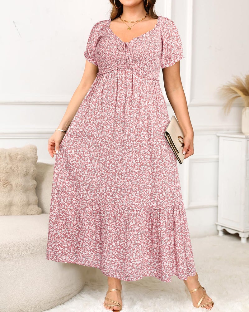 Talisea Plus Size Floral Dress Summer Spring Off The Shoulder Puff Sleeve A Line Boho Maxi Flow Long Sundress Women Pink Flower - Image 4