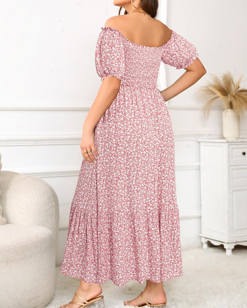 Talisea Plus Size Floral Dress Summer Spring Off The Shoulder Puff Sleeve A Line Boho Maxi Flow Long Sundress Women Pink Flower - Image 3