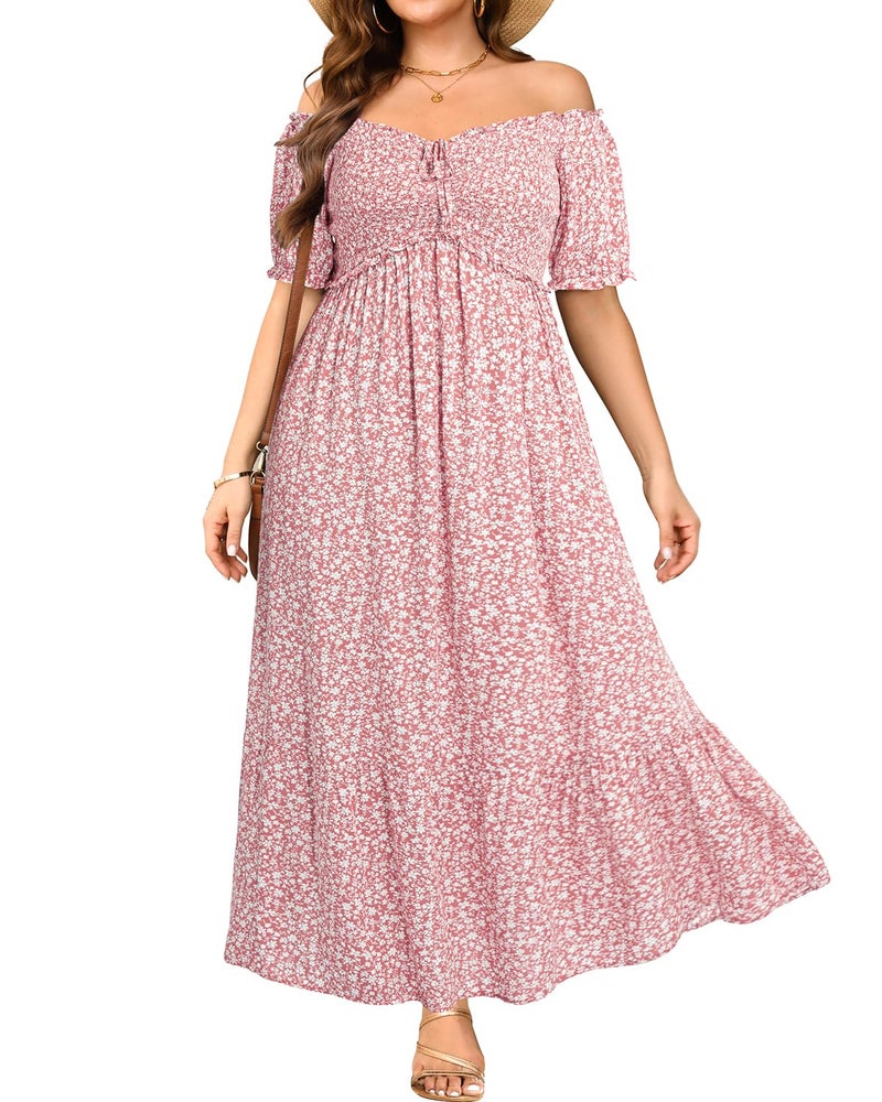 Talisea Plus Size Floral Dress Summer Spring Off The Shoulder Puff Sleeve A Line Boho Maxi Flow Long Sundress Women Pink Flower - Image 1