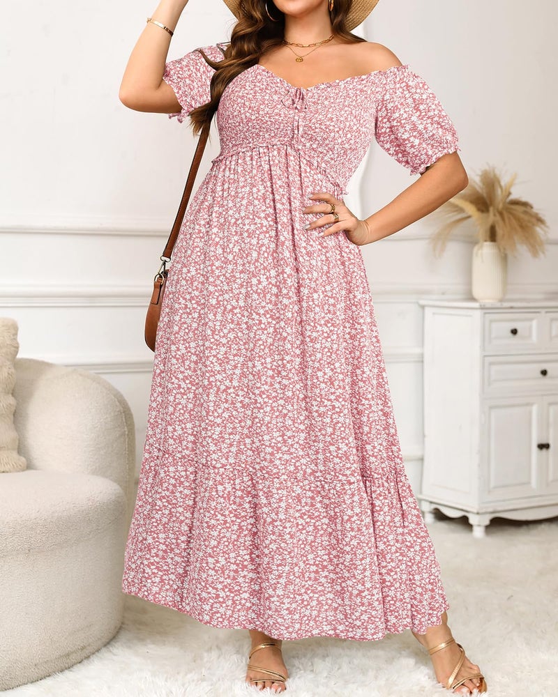 Talisea Plus Size Floral Dress Summer Spring Off The Shoulder Puff Sleeve A Line Boho Maxi Flow Long Sundress Women Pink Flower - Image 2