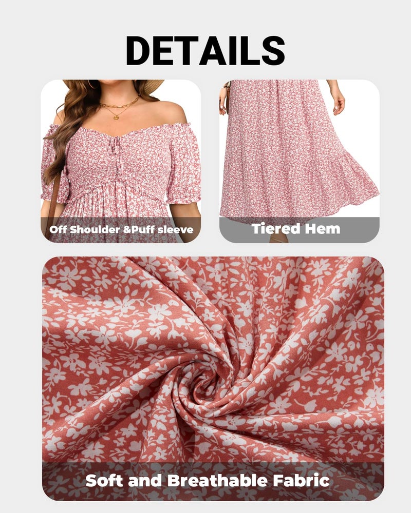 Talisea Plus Size Floral Dress Summer Spring Off The Shoulder Puff Sleeve A Line Boho Maxi Flow Long Sundress Women Pink Flower - Image 5