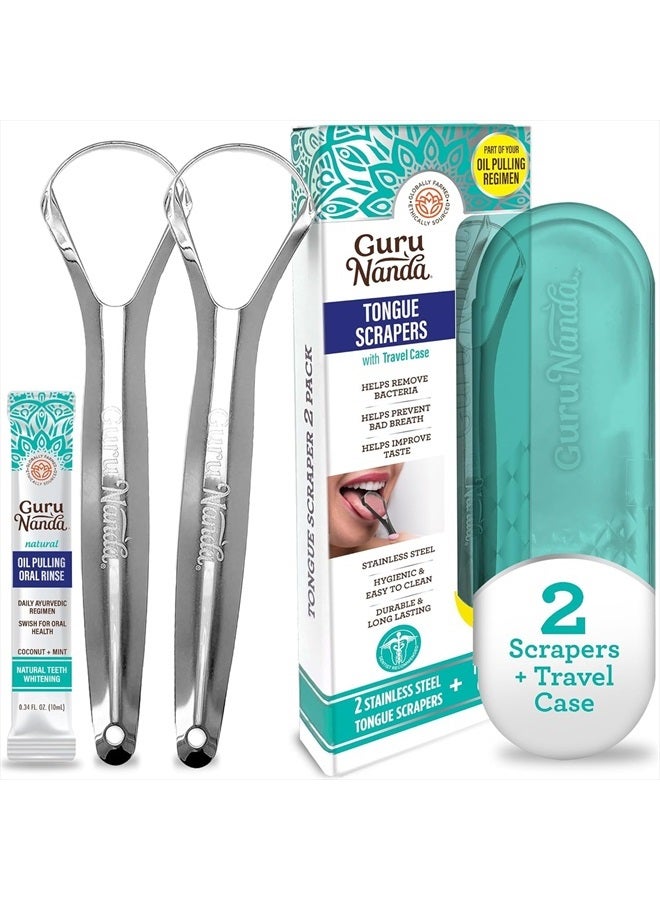 GuruNanda Stainless Steel Tongue Scraper (Pack of 2), Fight Bad Breath, Medical Grade 100% Stainless Steel Tongue Cleaner, Tongue Scraper For Adults and Kids, Great For Oral Care, Travel Friendly - Image 1