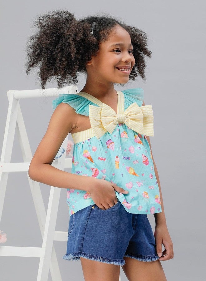 One Friday Kids Girls Aqua Cotton V-Neck Top - Image 2